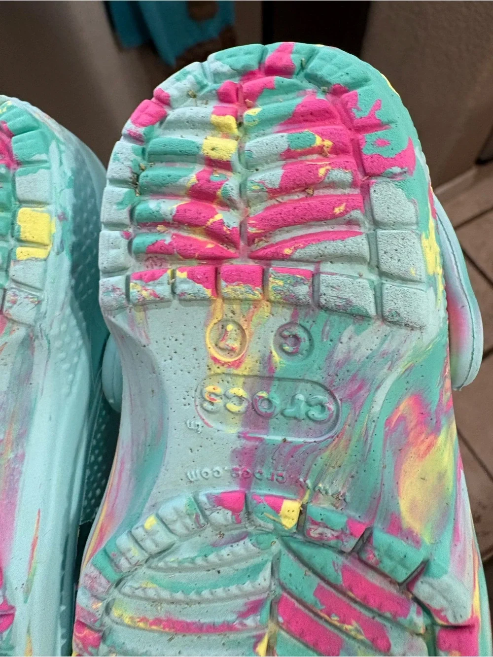 CROCS Kids Water Clogs in Turquoise with Pink & Yellow Swirl